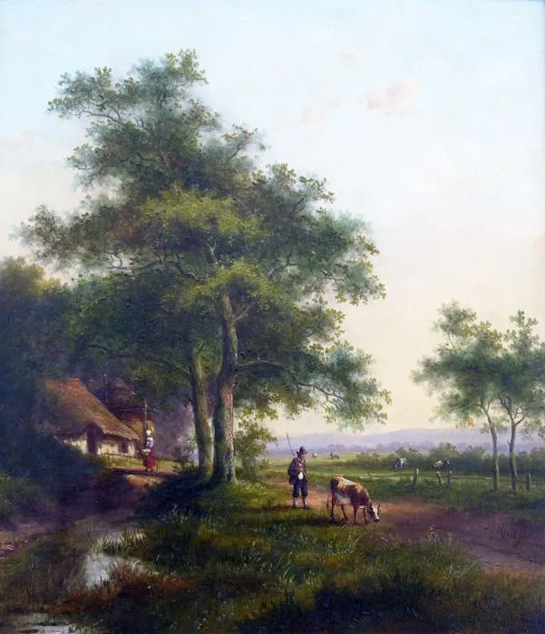 Jan Evert Morel: Herder met vee in een zomers landschap