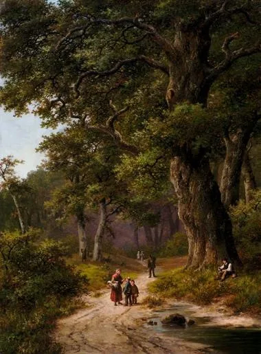 Hendrik Pieter Koekkoek: Figuren op een pad in een boslandschap