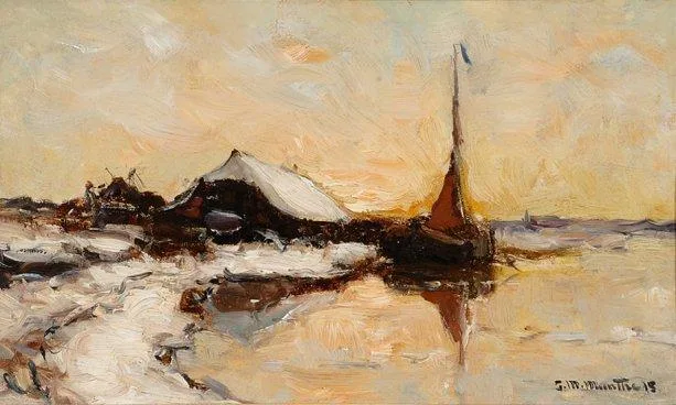 Gerhard Arij Ludwig 'Morgenstjerne' Munthe: Winterlandschap met aangemeerde boot in een vaart