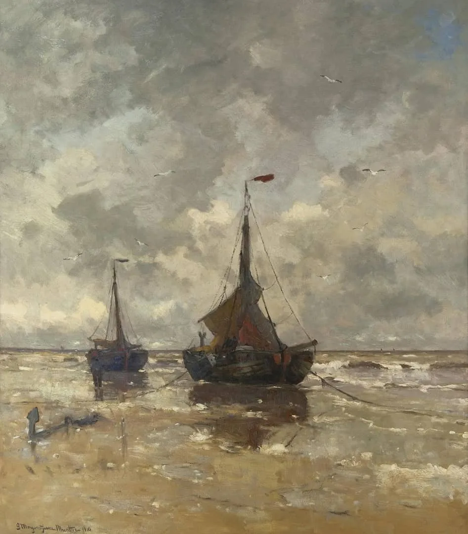 Gerhard Arij Ludwig 'Morgenstjerne' Munthe: Twee bomschuiten op het strand