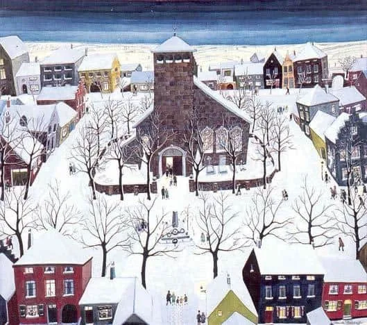 Kerkgang in de winter met vele figuren