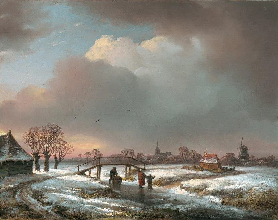 Andreas Schelfhout: Winterlandschap met figuren op een bevroren vaart