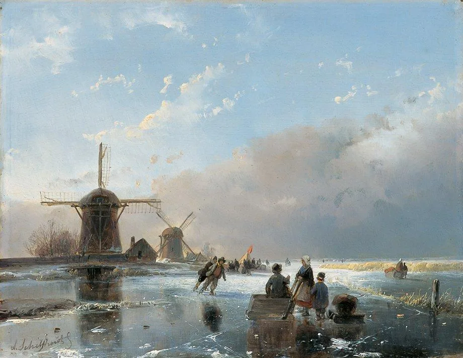 Andreas Schelfhout: Wintergezicht met diverse figuren op de achtergrond een koek-en-zopie