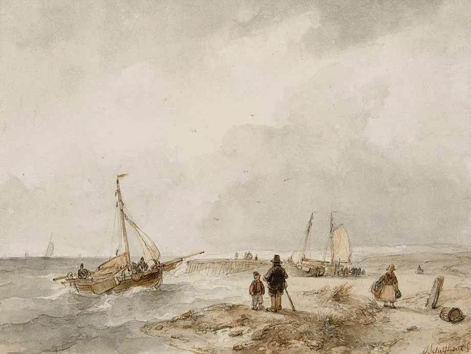 Andreas Schelfhout: Strandgezicht met bomschuiten en figuren