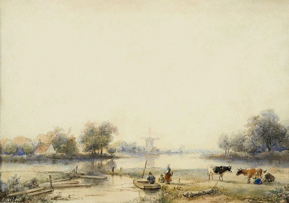 Andreas Schelfhout: Hollands rivierlandschap met figuren en vee