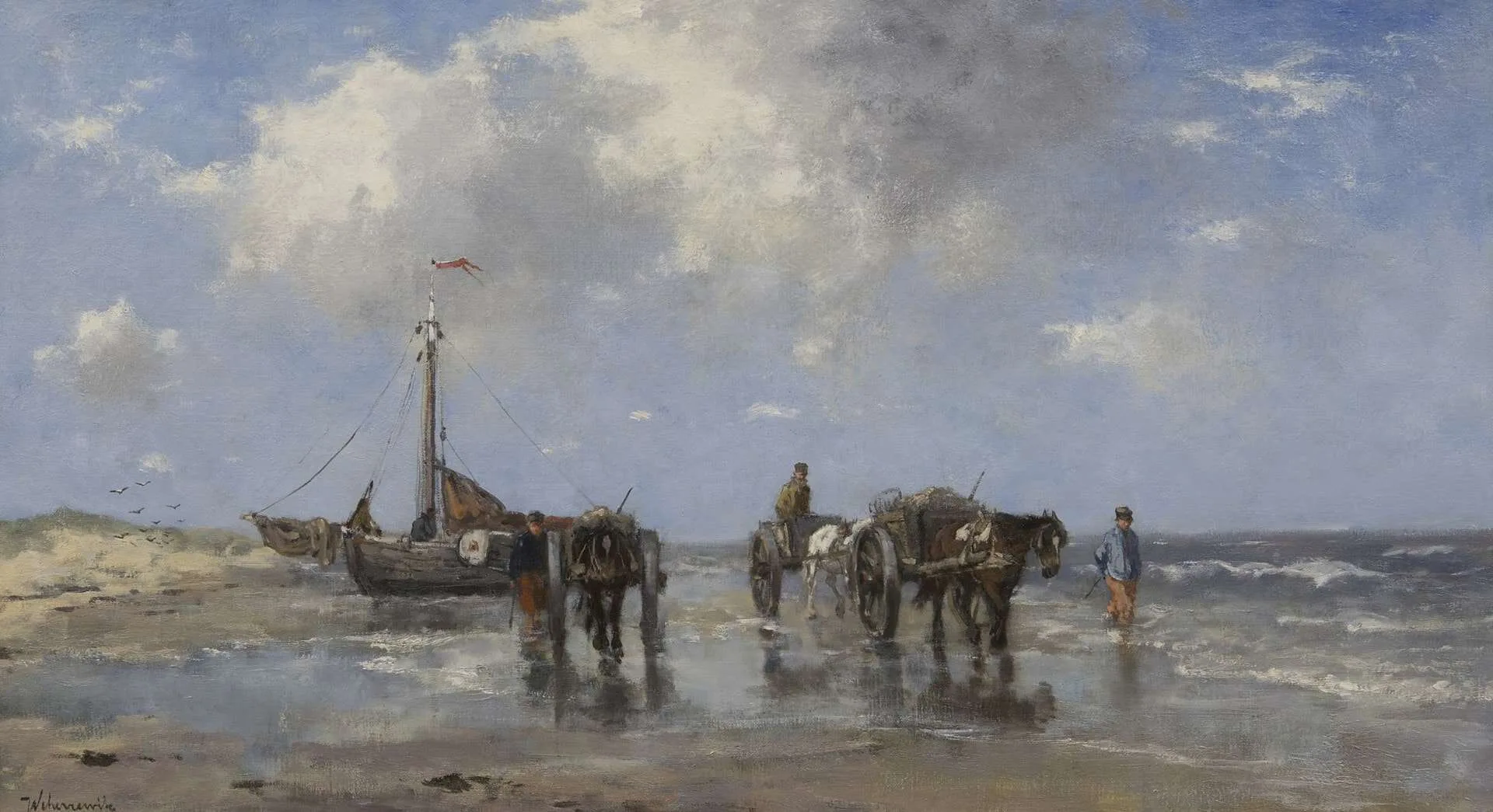 Johan Frederik Cornelis Scherrewitz: Schelpenvissers op het strand van Scheveningen