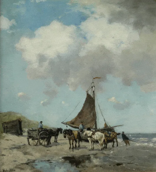 Johan Frederik Cornelis Scherrewitz: Vissers met paarden bij een bomschuit aan het strand