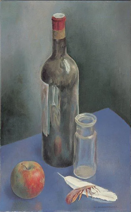 Wim Schuhmacher: Stilleven met een fles, appel en veren