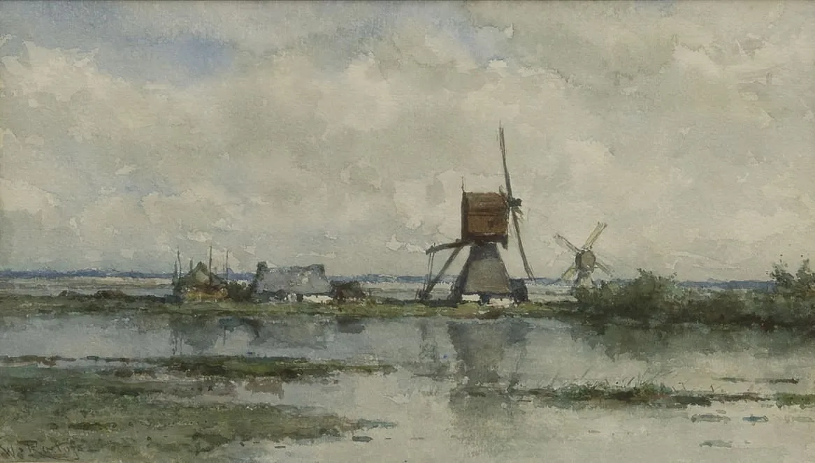 Willem Roelofs: Polderlandschap met twee molens