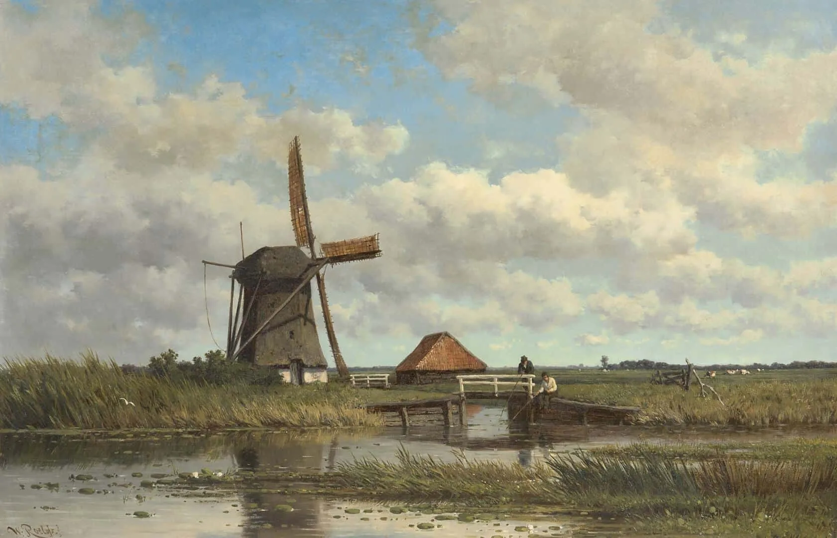 Willem Roelofs: Vissers bij een bruggetje in een weids polderlandschap