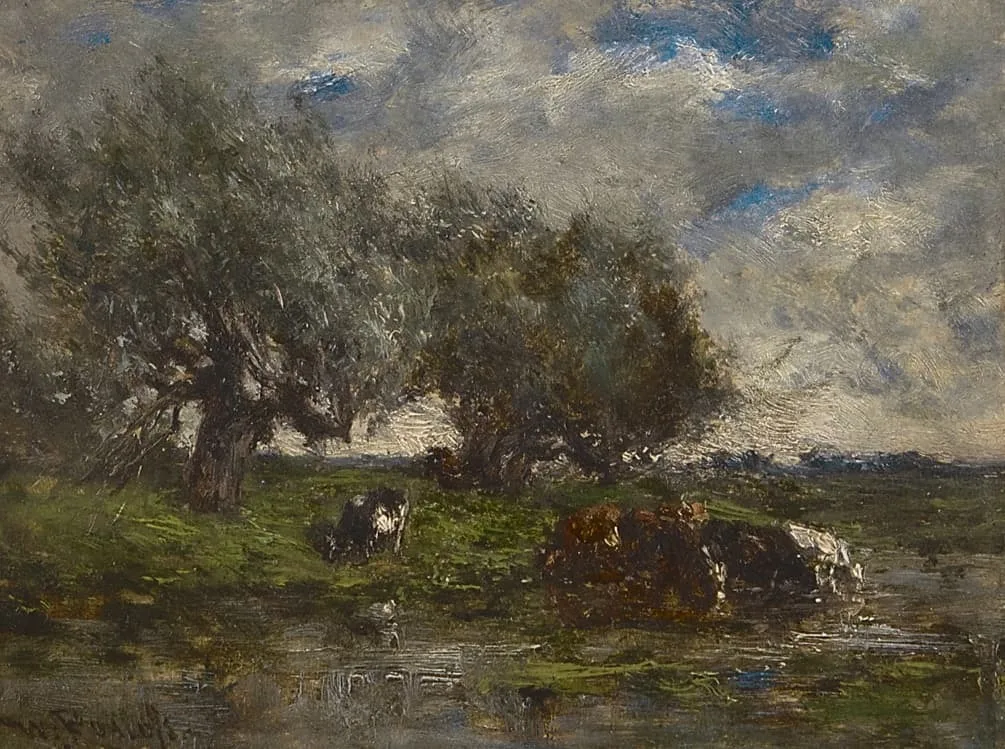 Willem Roelofs: Landschap met koeien in het water