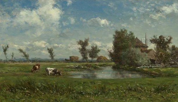 Willem Roelofs: Zonnig polderlanschap met koeien