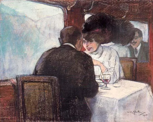 Willy Sluiter: Elegant paar dinerend in een treincoupé