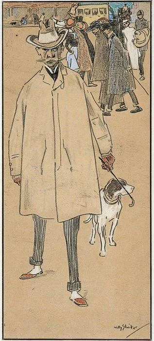 Willy Sluiter: Man met hond wandelend op een drukbevolkt plein