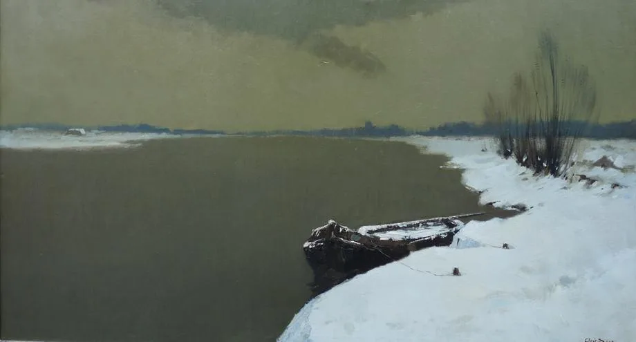 Gemeerde schuit in een vaart in een besneeuwd landschap