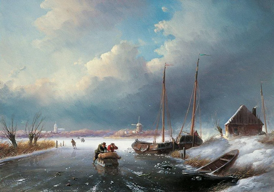 Jan Jacob Spohler: IJsgezicht met schaatsers en duwslede