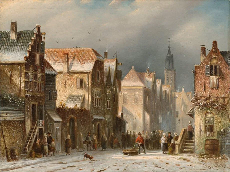Johannes Fanciscus Spohler: Bedrijvigheid in een winters straatje