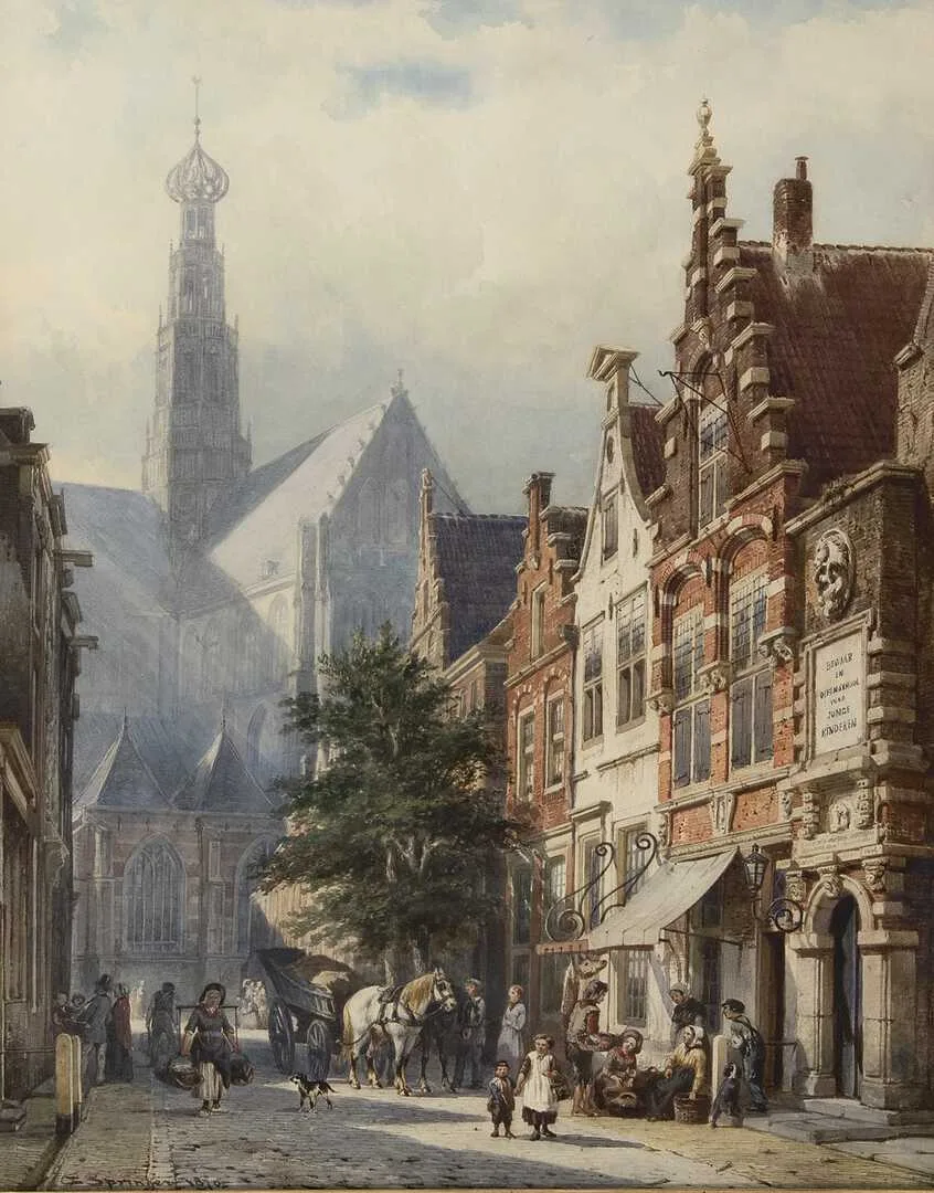 Cornelis Springer: Bedrijvigheid in de St. Jansstraat te Haarlem met op de achtergrond de St. Bavokerk