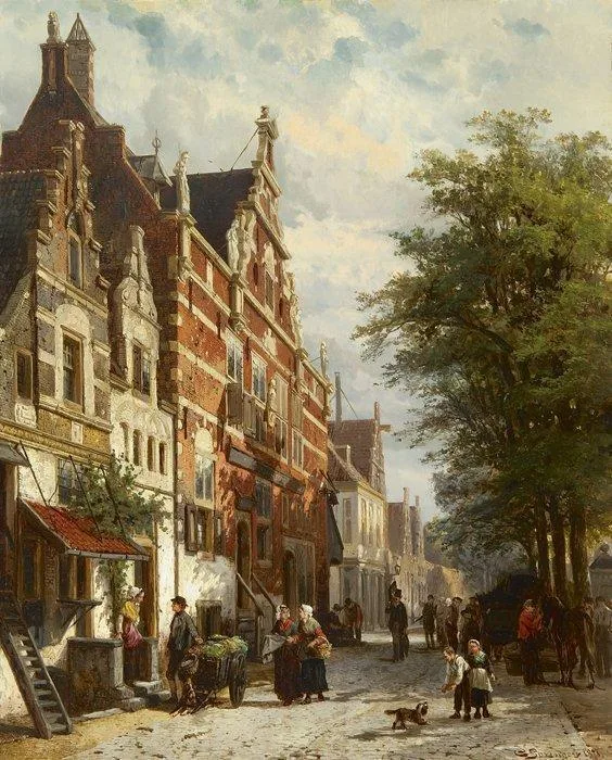 Cornelis Springer: De Kaasmarkt in Enkhuizen met de Waag, bij zomer