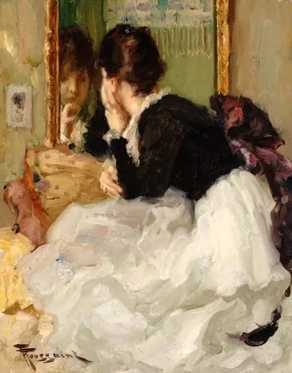 Fernand Toussaint: Elegante dame zittend voor de spiegel