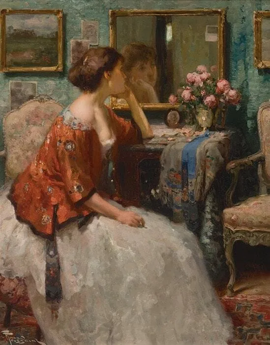 Fernand Toussaint: Interieur met dame kijkend in de spiegel