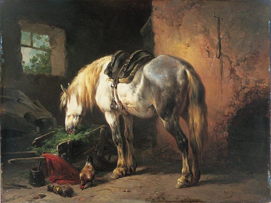 Wouterus Verschuur: Grazend paard in een stal