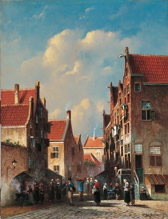 Petrus Gerardus Vertin: Drukbevolkt straatje in de zomer