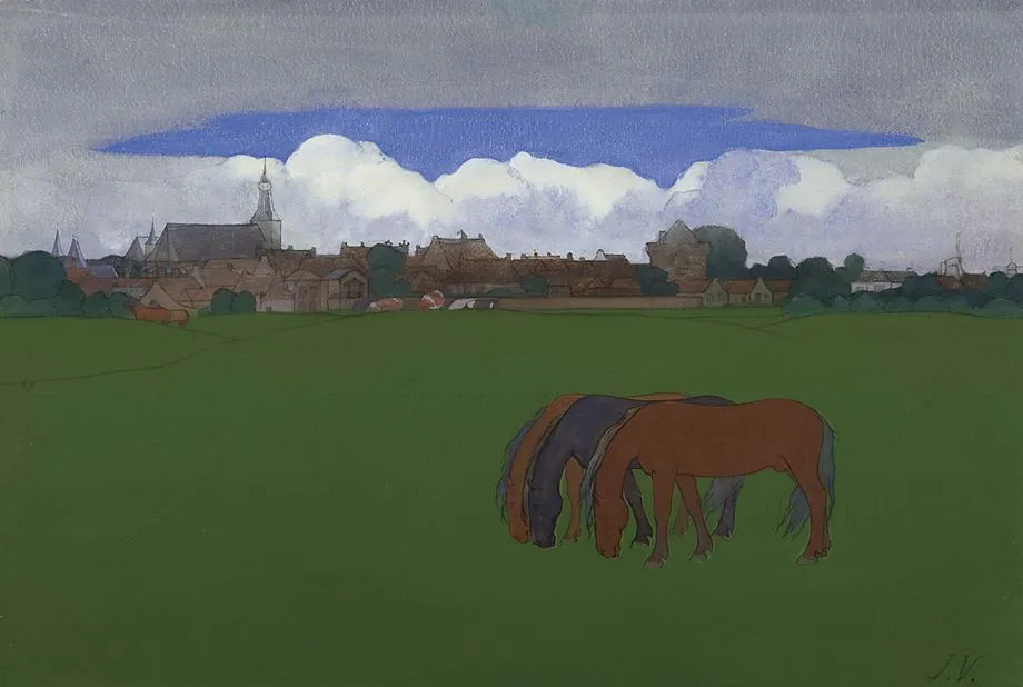 Jan Voerman sr: Paarden in een weiland met Hattem op de achtergrond