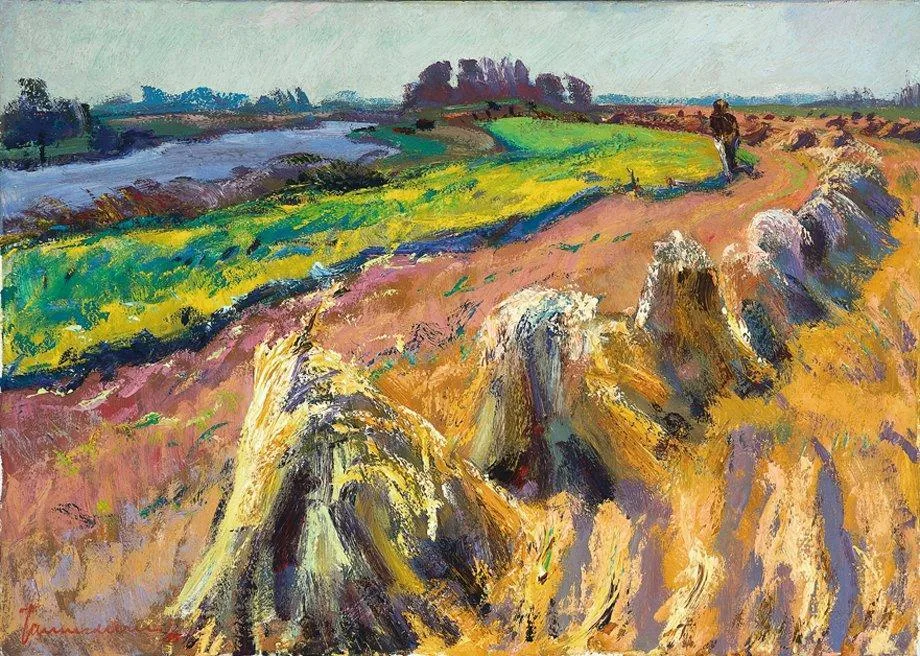 Jannes de Vries: Landschap met korenschoven bij het Reitdiep (omgeving Garnwerd)