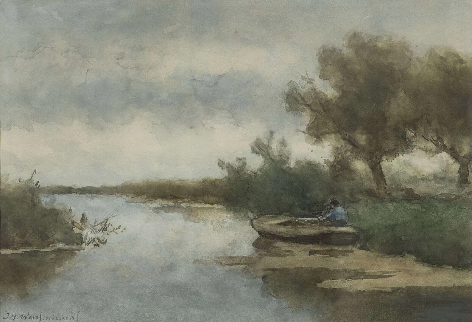 Hendrik Johannes Weissenbruch: Poldervaart met man in een roeiboot