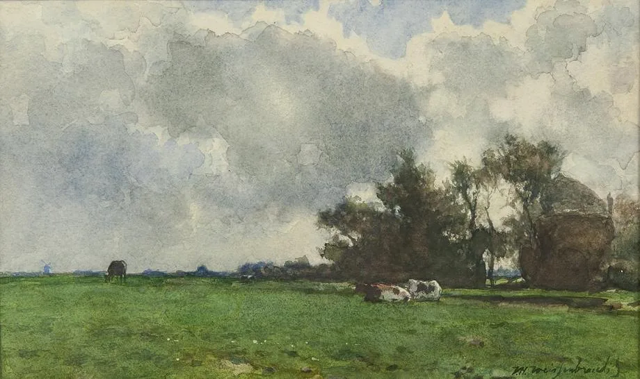 Hendrik Johannes Weissenbruch: Rustende koeien bij een hooiberg