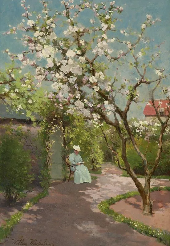 Lezende dame in een zonnige tuin