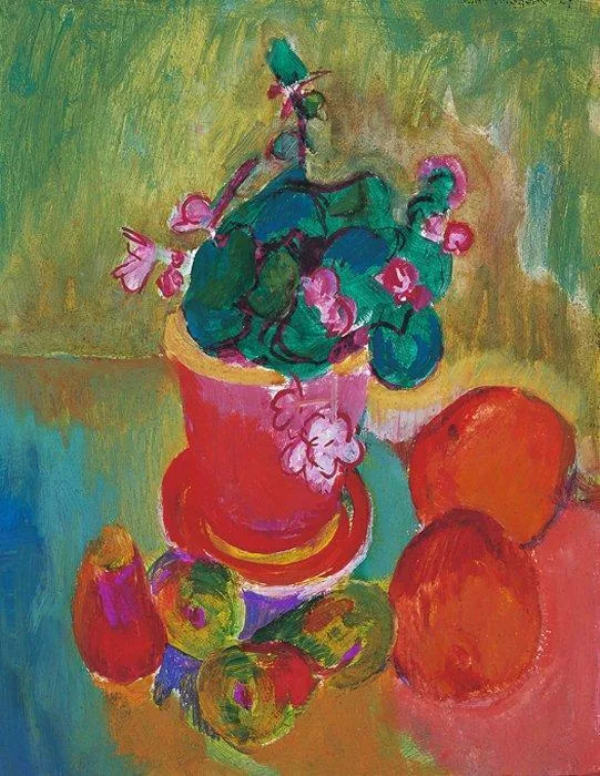 Jan Wiegers: Stilleven met geranium en fruit