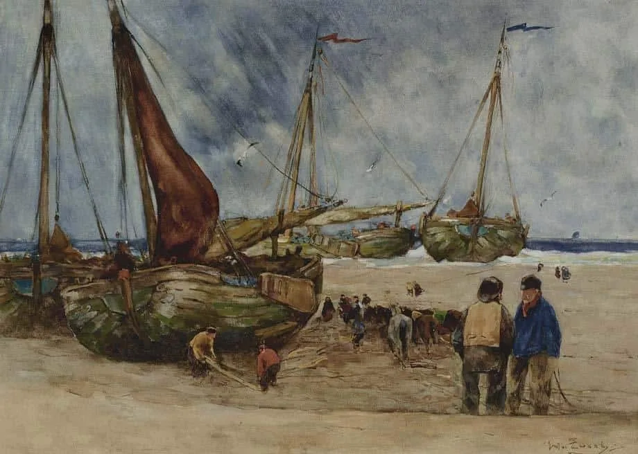 Willem de Zwart: Figuren en bomschuiten op het strand