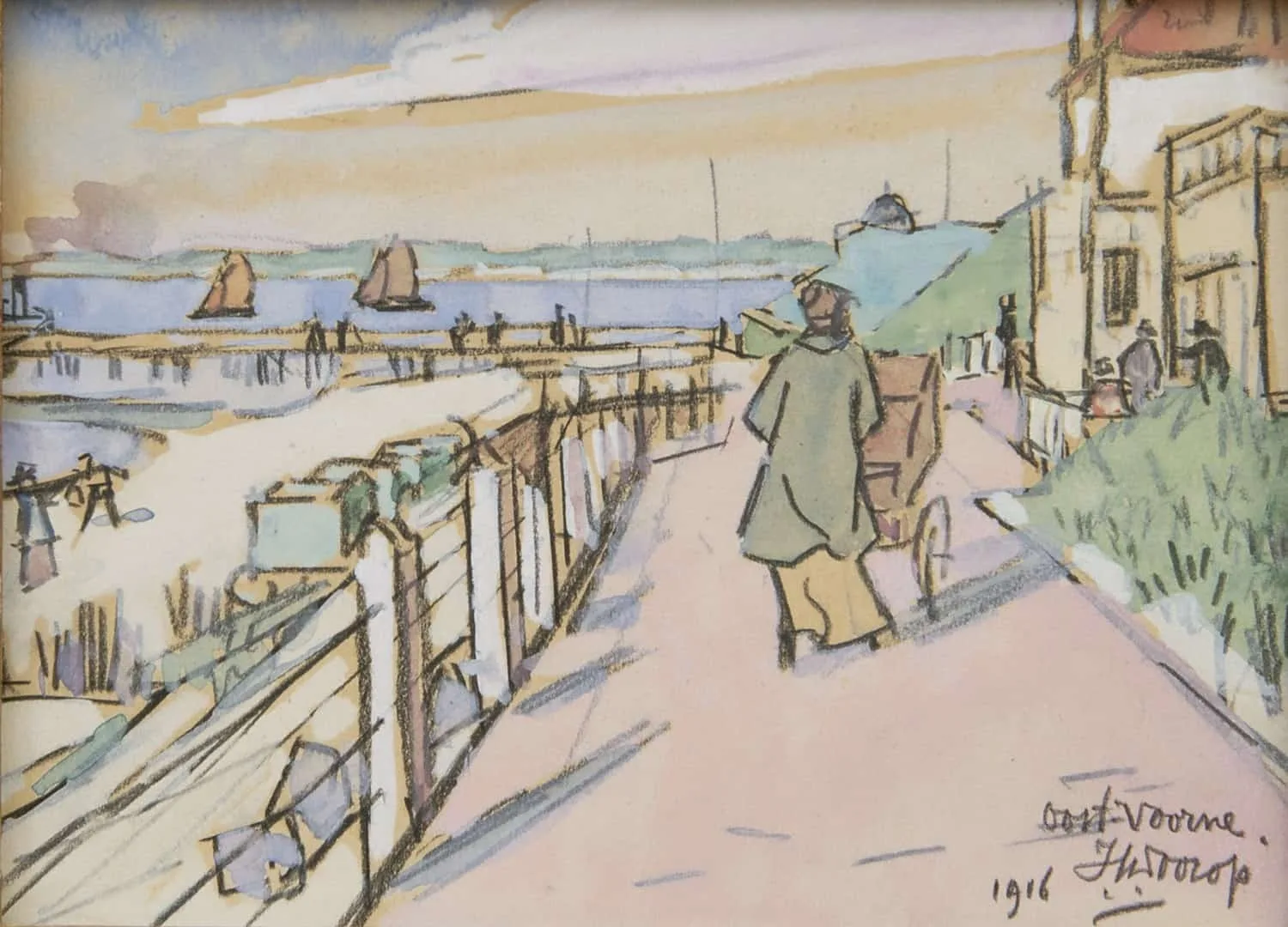 Jan Toorop: Wandelen langs de promenade in Oostvoorne met het badpaviljoen