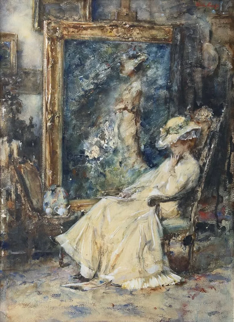 Albert Roelofs: Lezende Tjieke in het atelier van de schilder