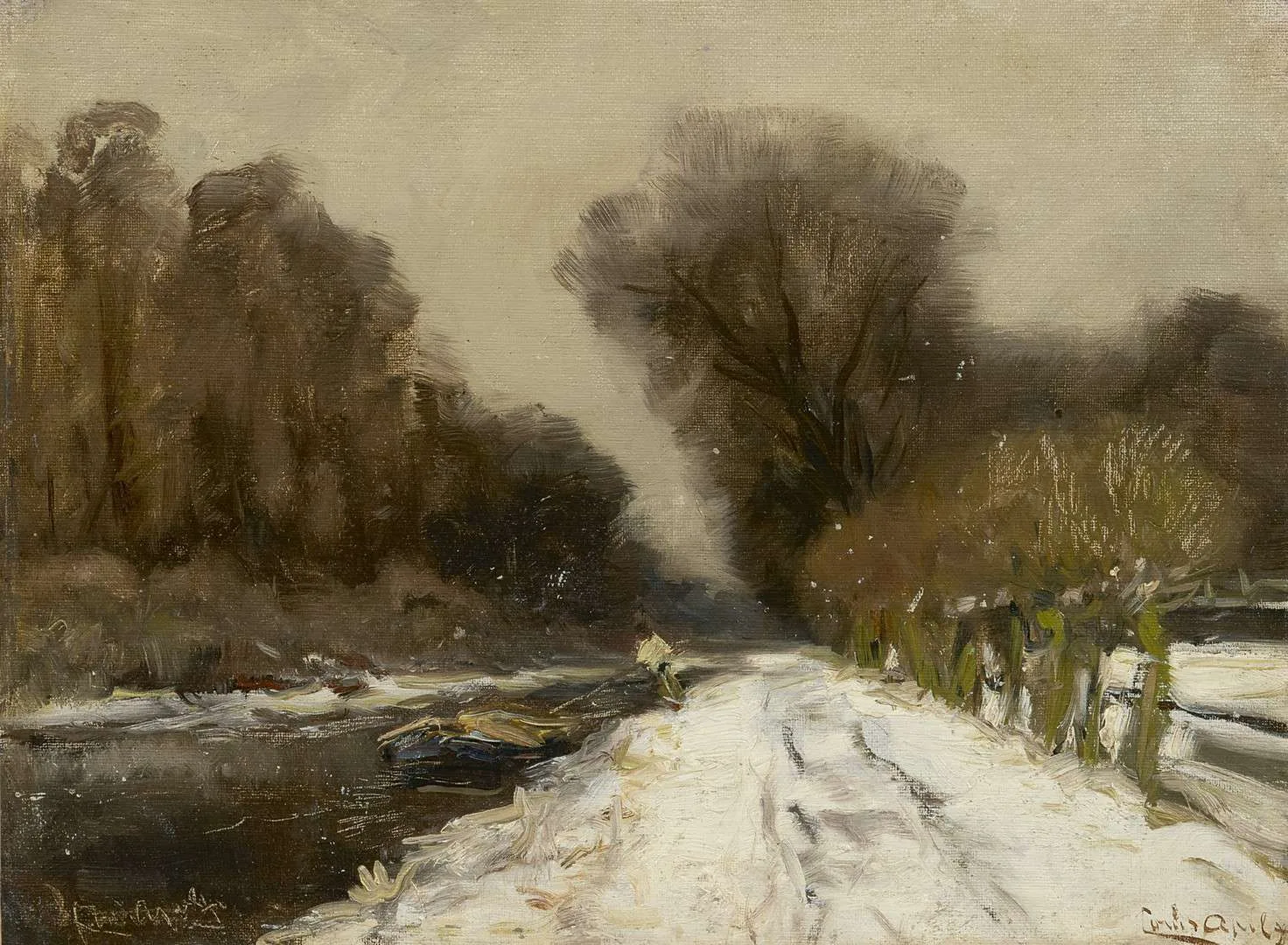 Louis Apol: Besneeuwd bospad langs een vaart