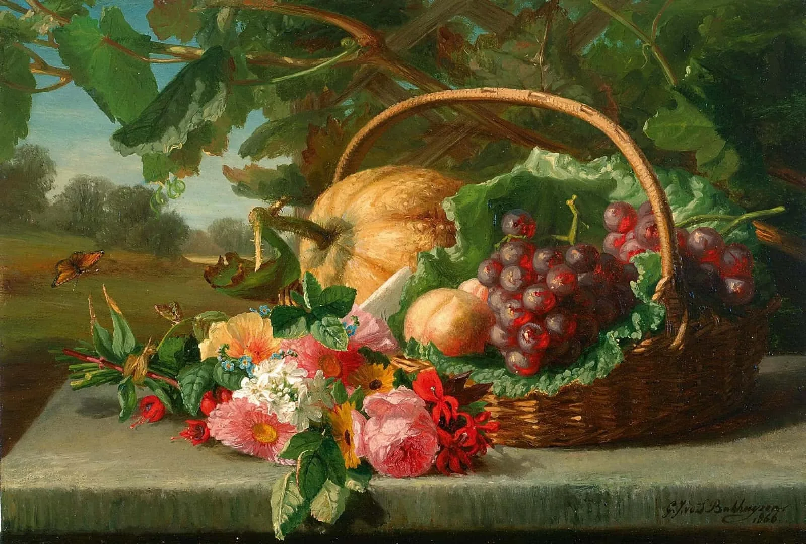 Gerardine van de Sande Bakhuyzen: Stilleven met bloemen en fruit in een mand