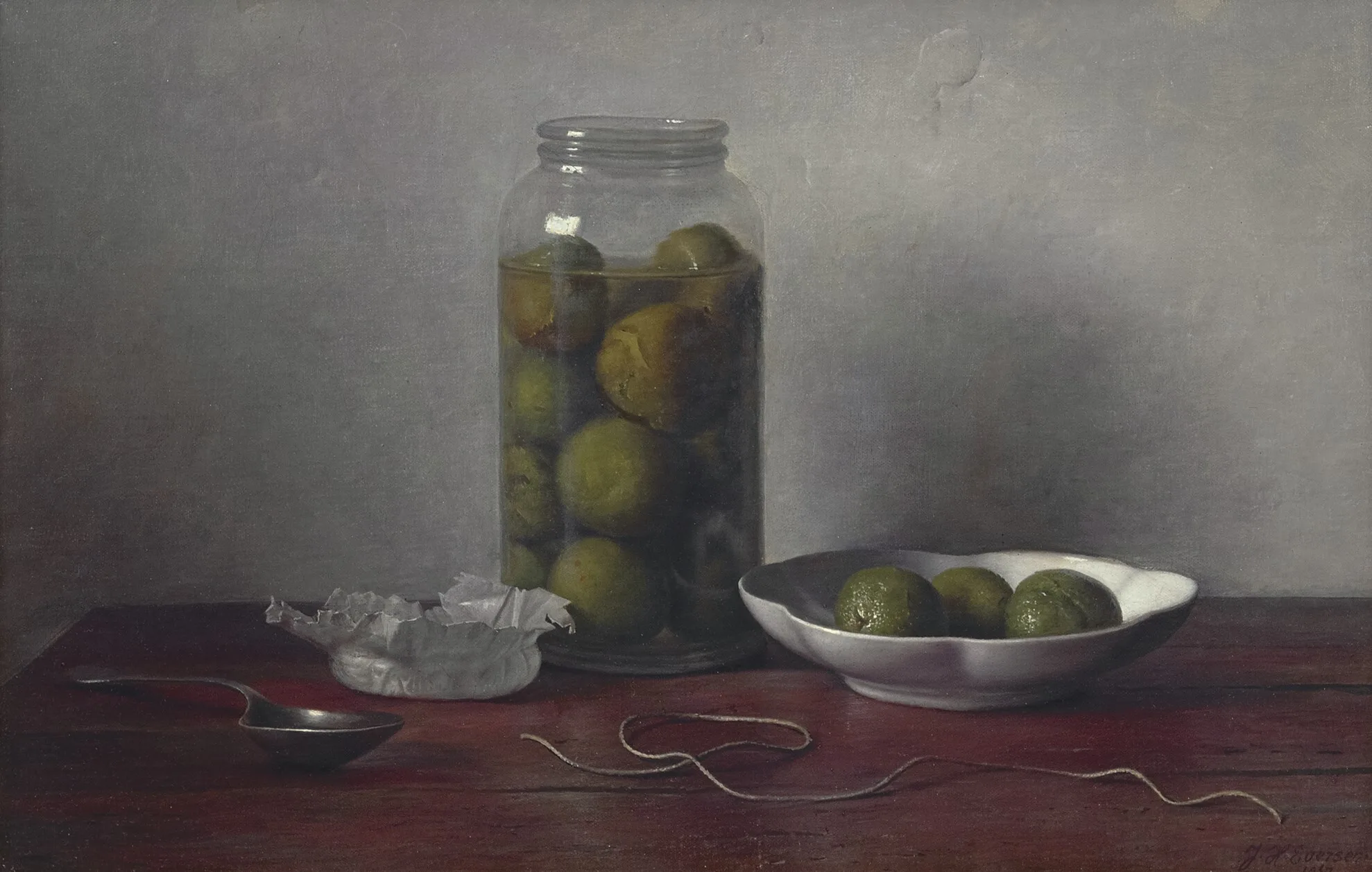 Johannes Hendrik Eversen: Stilleven met groene walnoten in een glazen vaas
