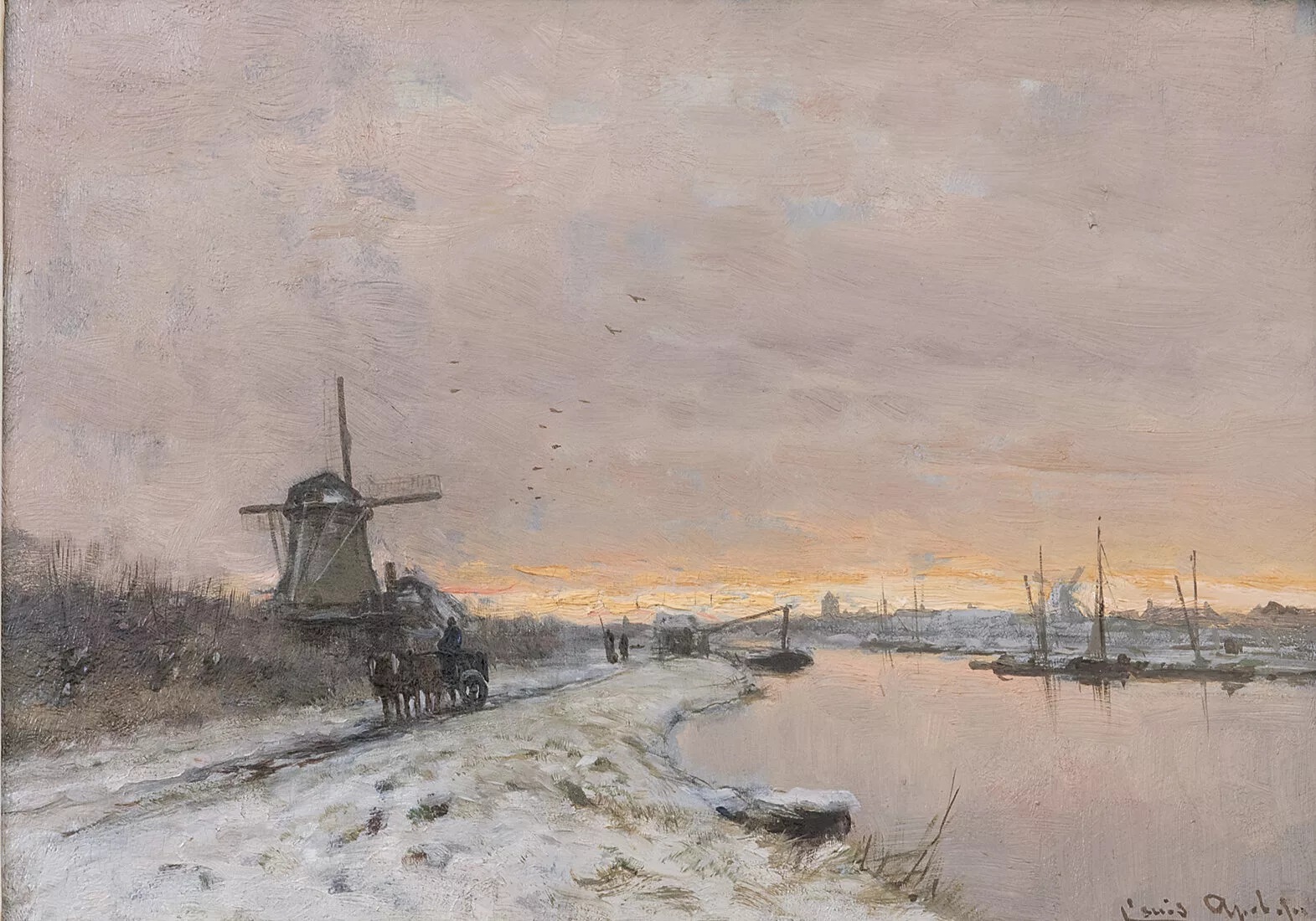 Louis Apol: Winter landschap met paard en wagen langs een vaart