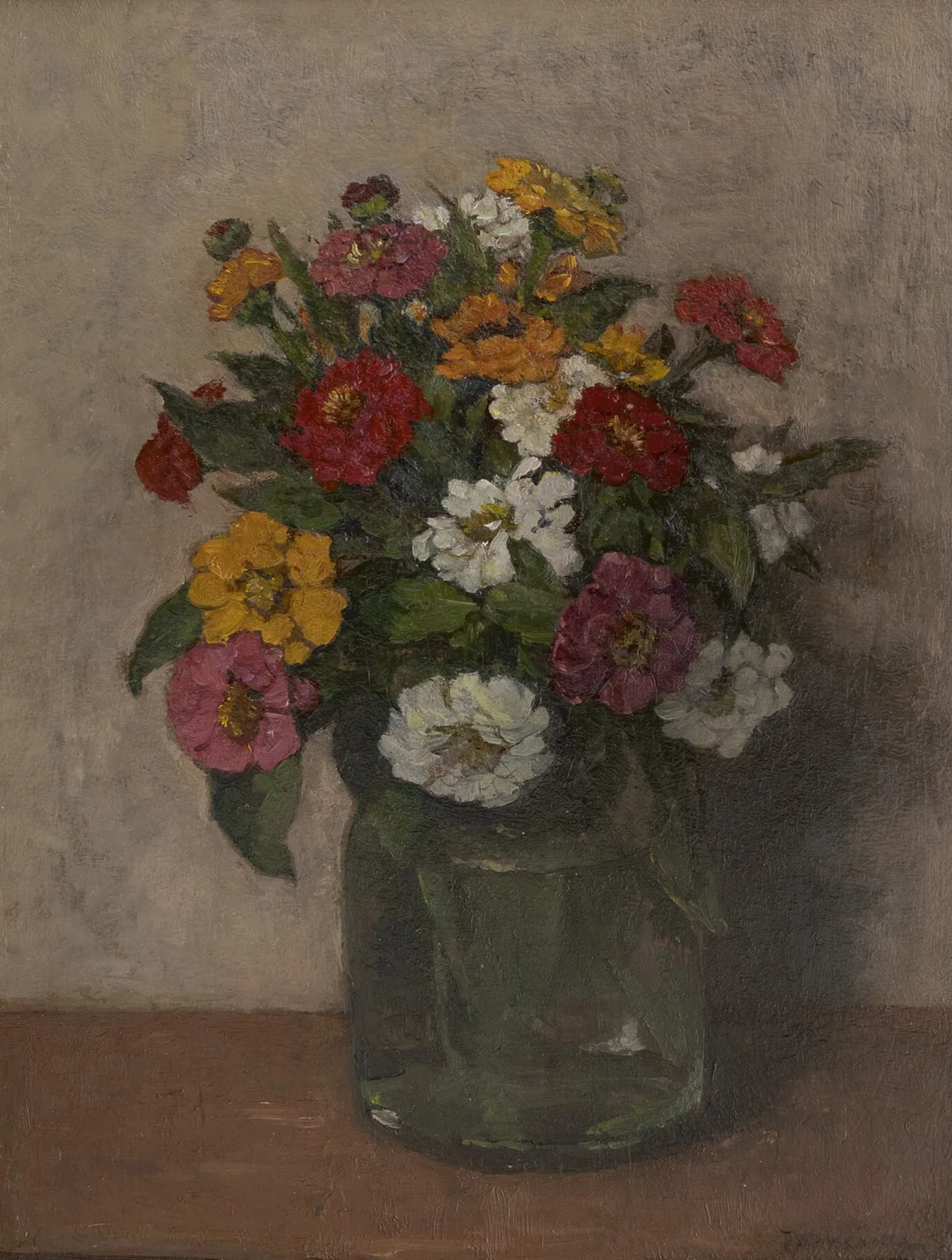 Johannes Evert Hendrik Akkeringa: Zinnia's in een glazen vaasje