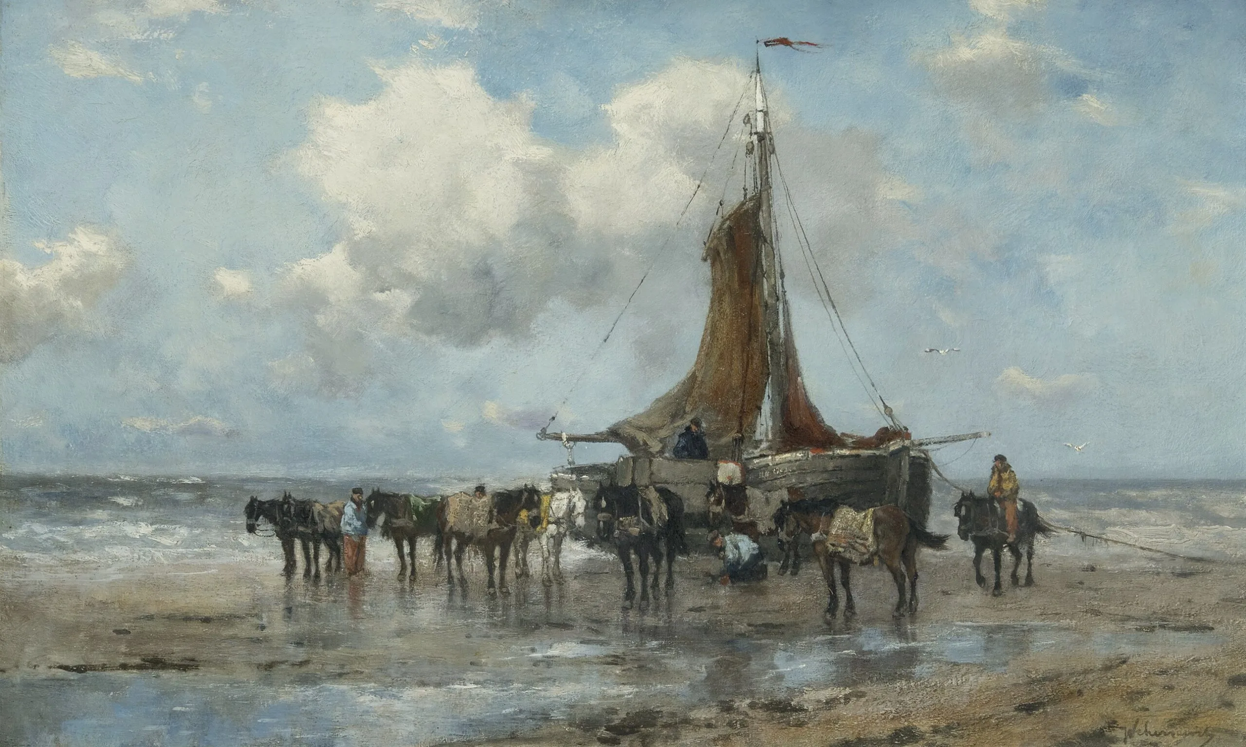 Johan Frederik Cornelis Scherrewitz: Bomschuiten met paarden op het strand