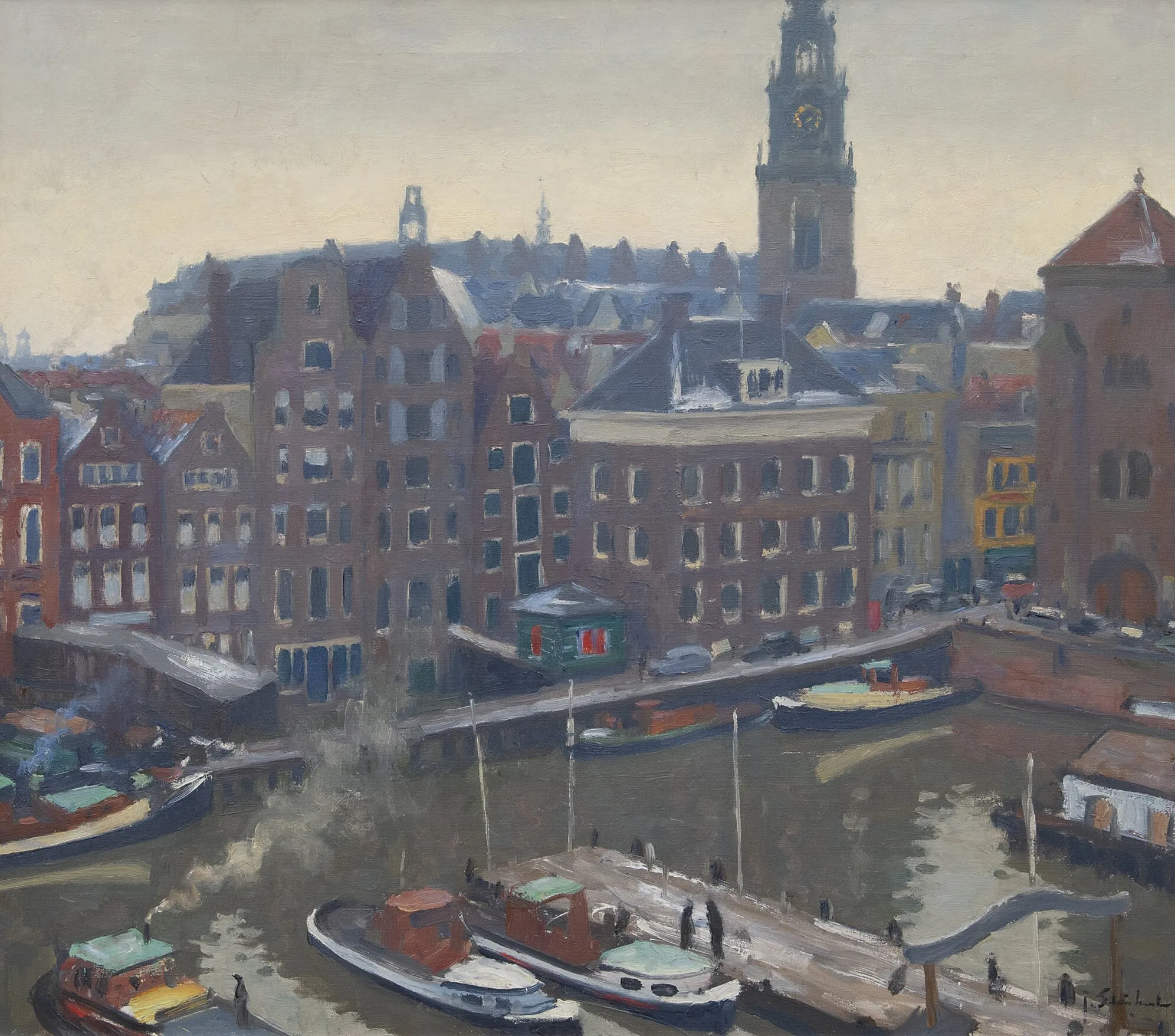 Joop Stierhout: Gezicht op het Damrak te Amsterdam