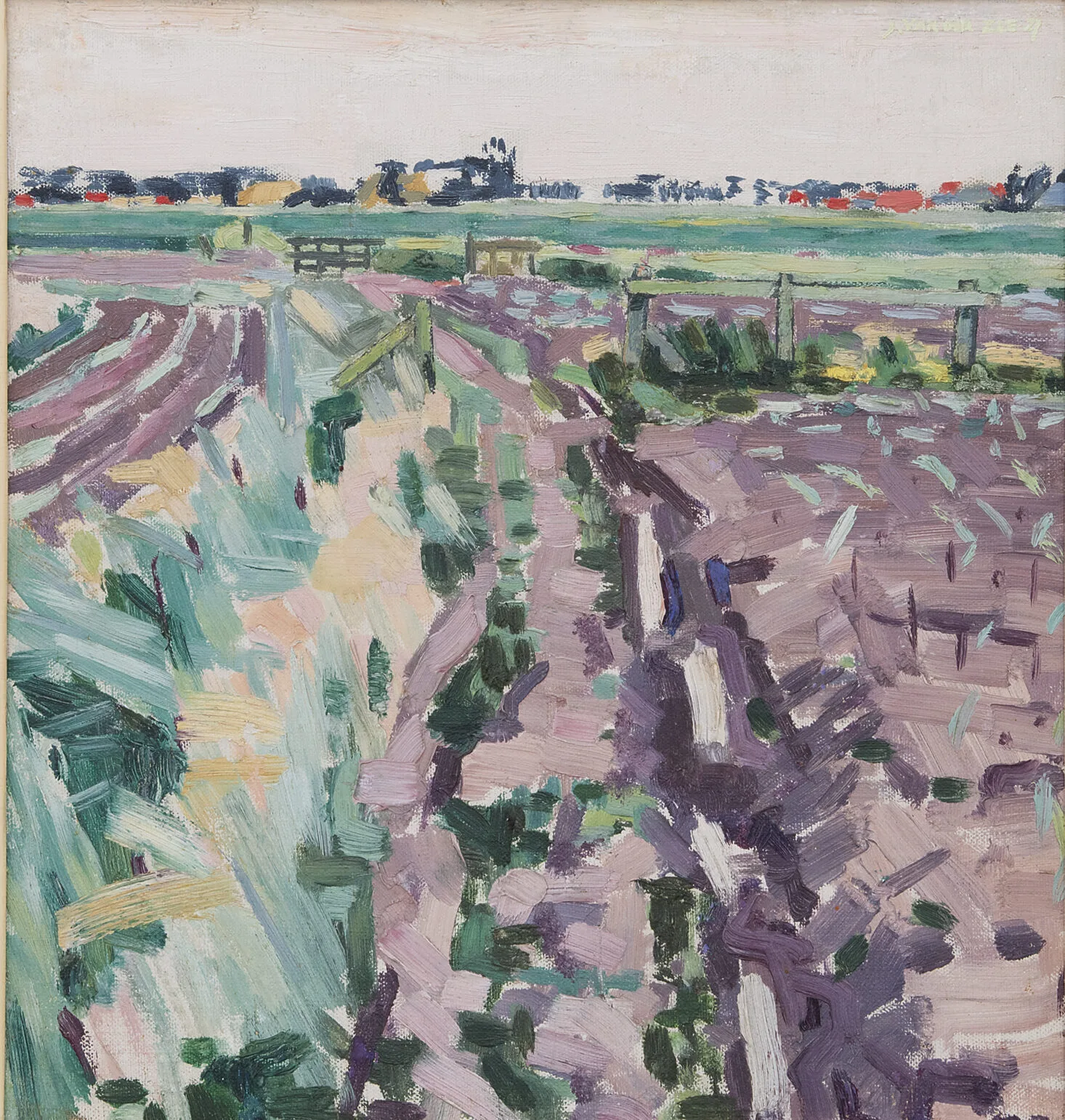 Jan van der Zee: Gronings landschap met dorp op de achtergrond