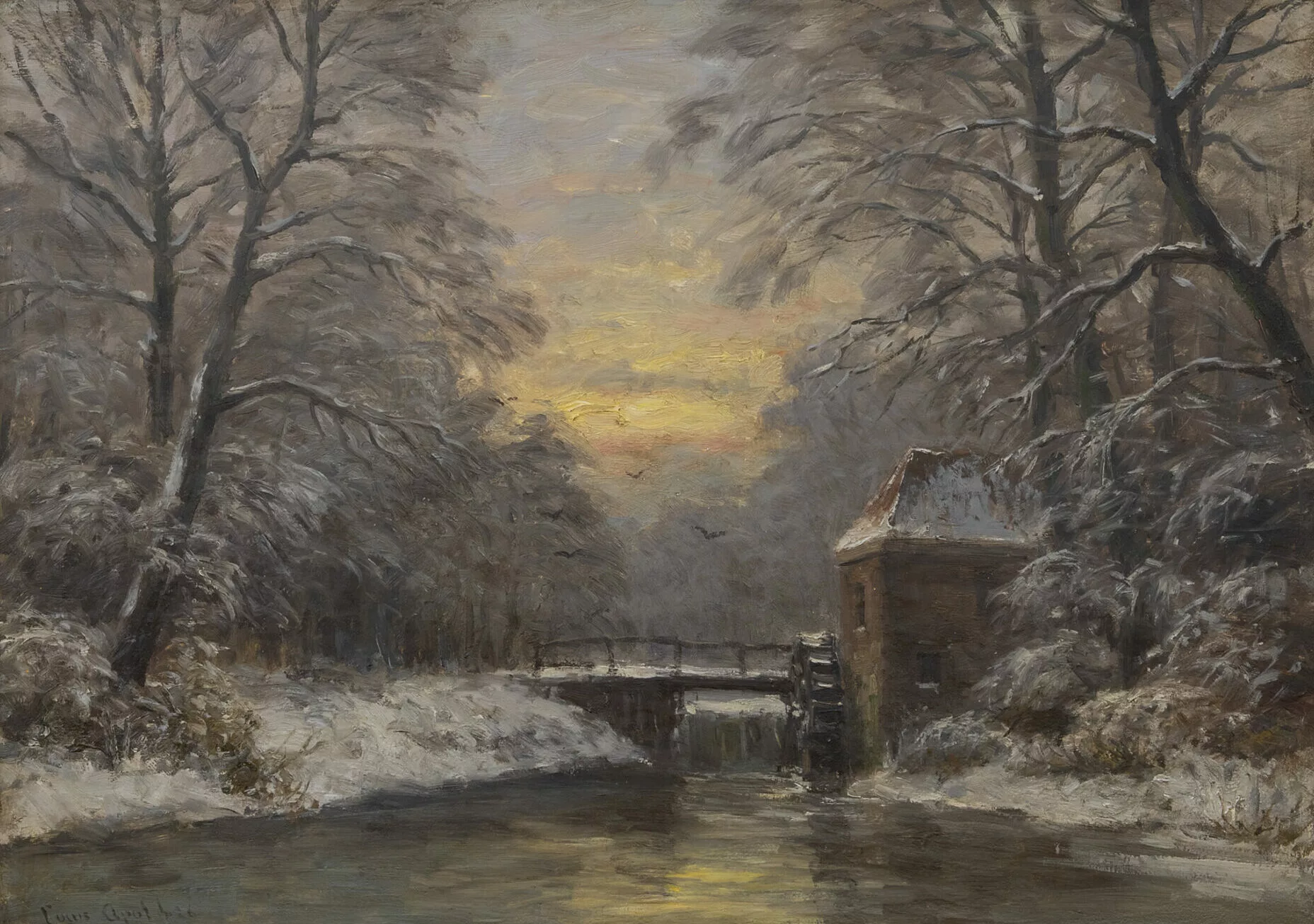 Louis Apol: Winters bosgezicht met ondergaande zon