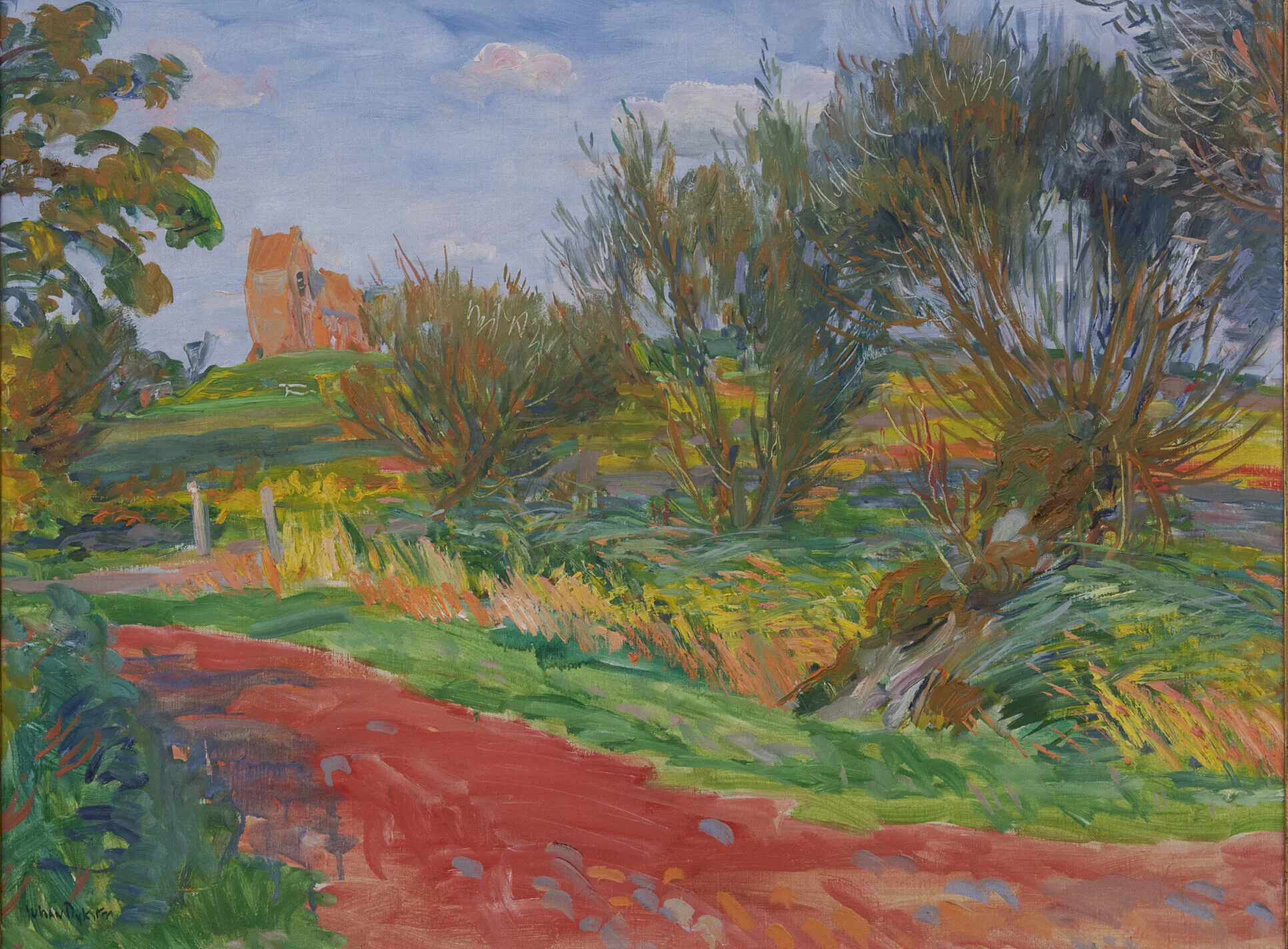 Johan Dijkstra: Gronings landschap met gezicht op de kerk van Oostum