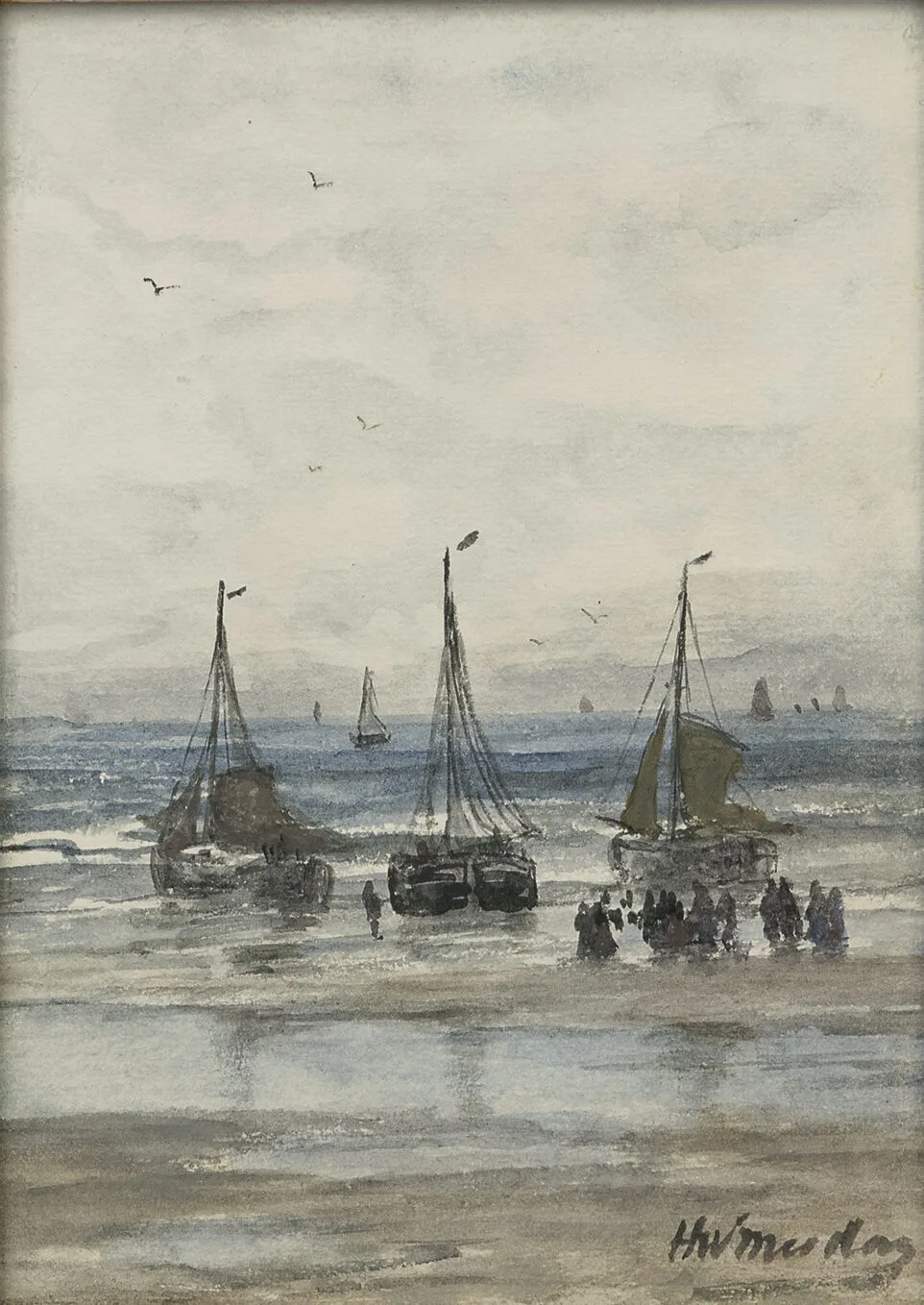 Hendrik Willem Mesdag: Bomschuiten en vissersvolk op het strand