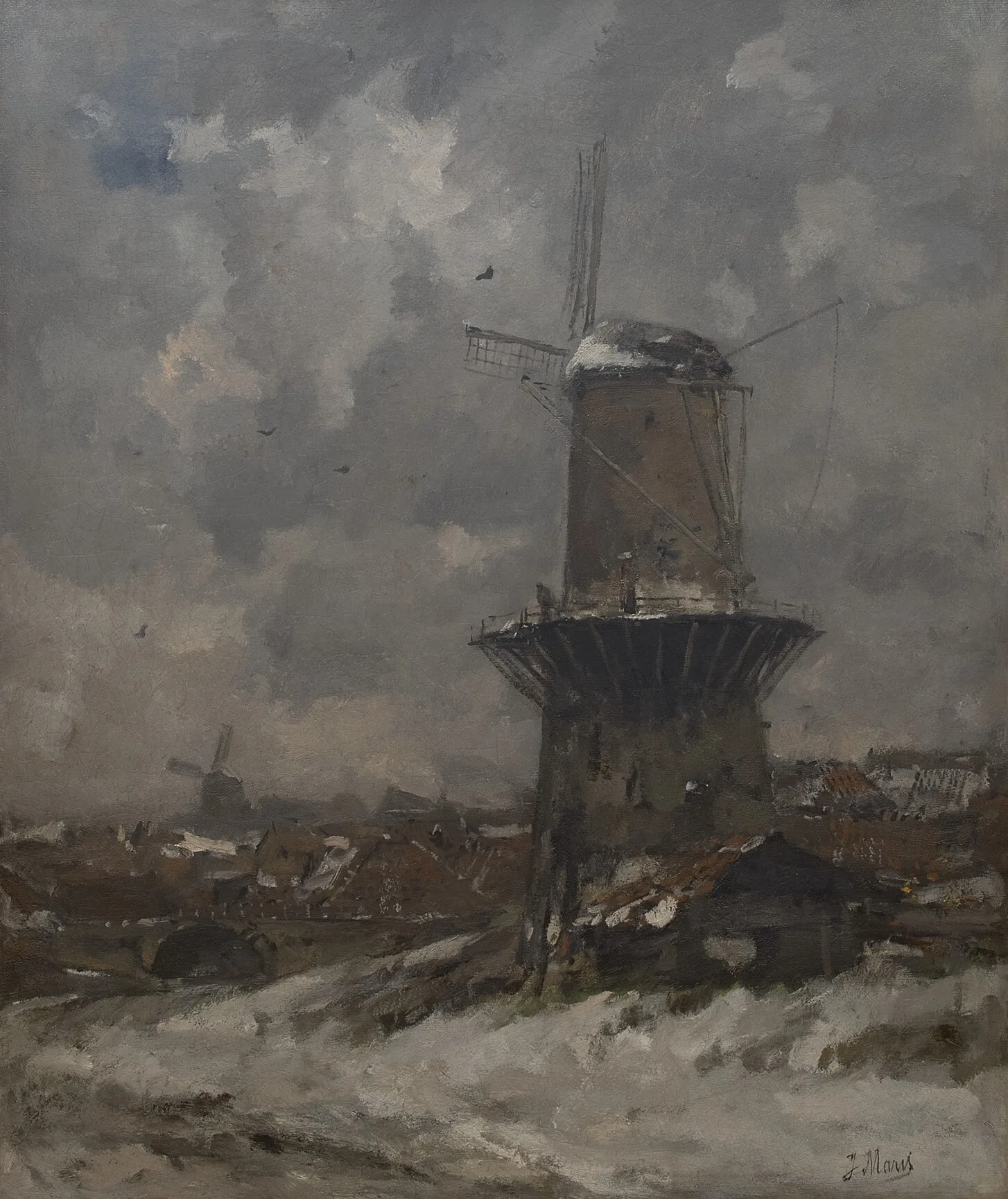Jacob Maris: Stellingmolen in een besneeuwd landschap