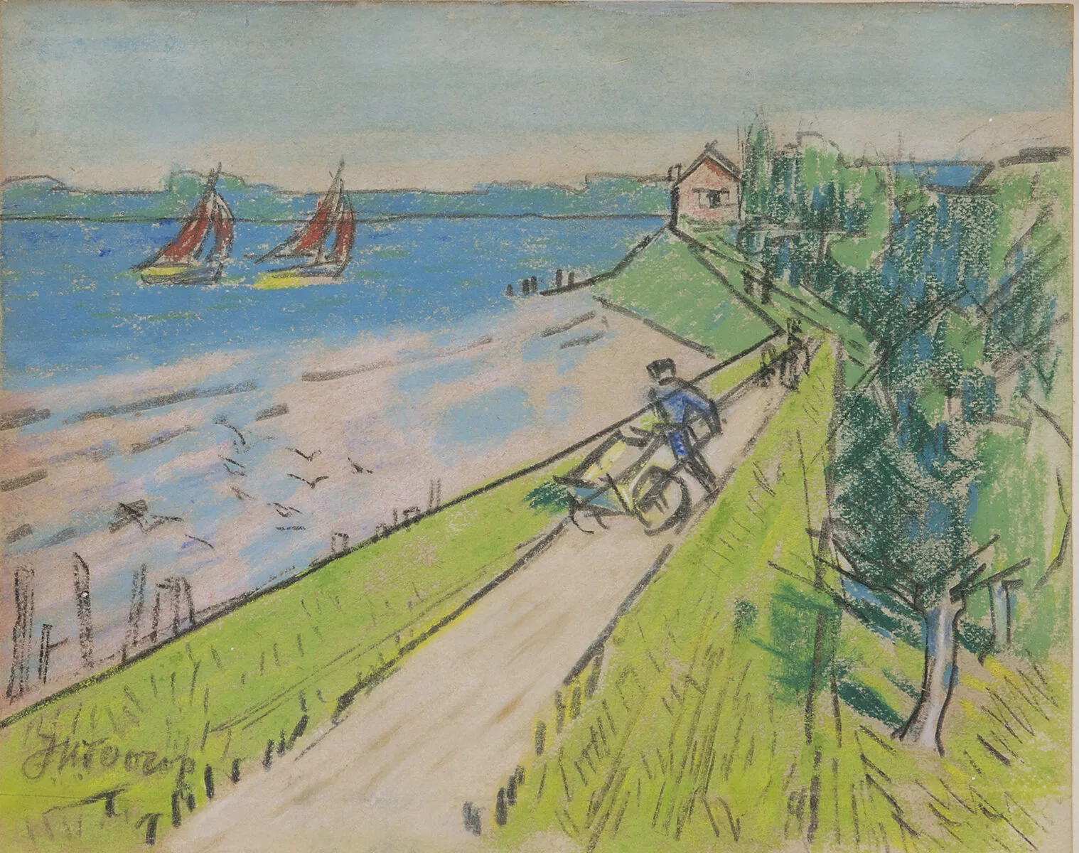 Jan Toorop: Gezicht op een dijkje met varende zeilboten