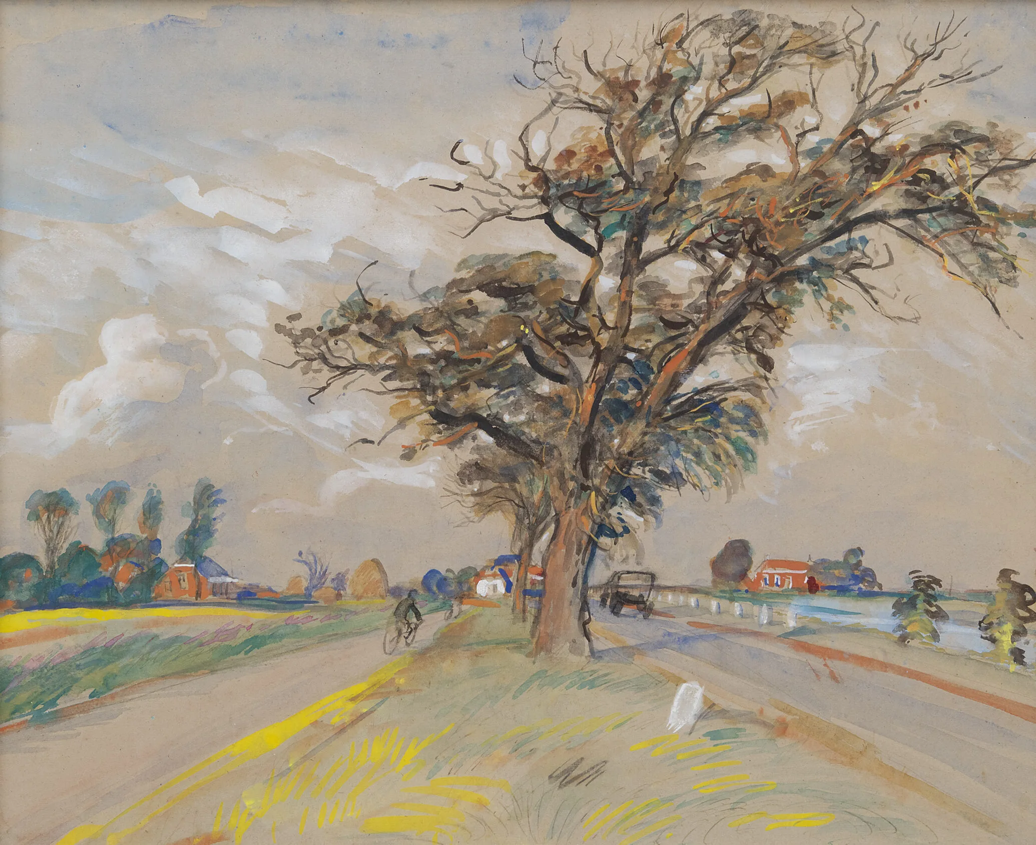 Johan Dijkstra schilderij, Landschap met fietser, te koop.: Landschap met fietser